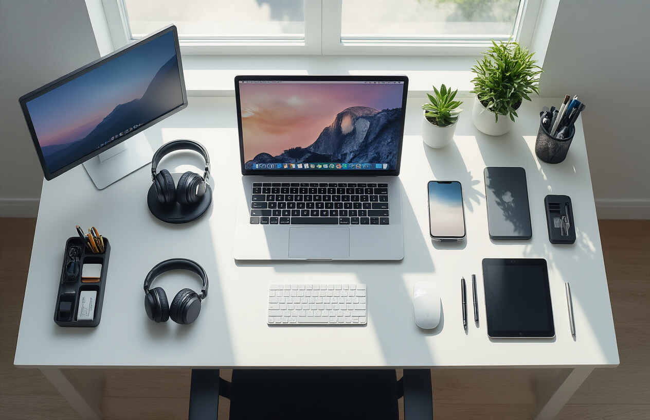 Create a realistic image of a modern office desk viewed from above showing an organized collection of essential tech gadgets including a sleek laptop, wireless charging pad with smartphone, bluetooth headphones, external monitor, USB hub with multiple cables, portable battery pack, wireless mouse and keyboard, small desk organizer with USB drives and cables, and a tablet with stylus, all arranged neatly on a clean white desk surface with soft natural lighting from a window creating gentle shadows, professional and productive atmosphere, absolutely NO text should be in the scene.