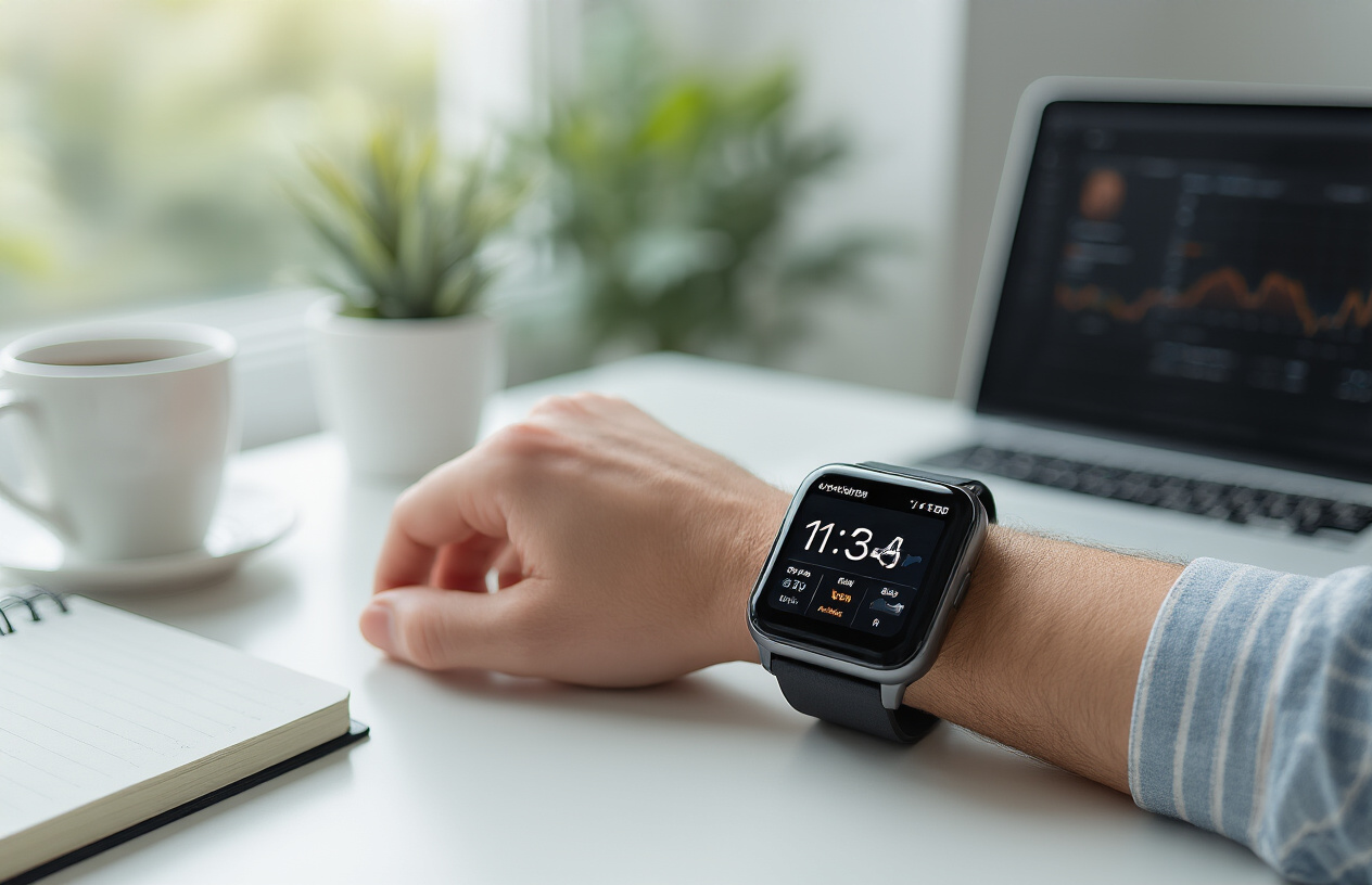 Create a realistic image of a close-up view of a modern smartwatch on someone's wrist displaying a productivity dashboard with calendar appointments and notifications, surrounded by a clean minimalist workspace with a laptop, notebook, and coffee cup on a white desk, soft natural lighting from a nearby window, professional office environment in the background, the scene conveying efficiency and modern technology integration, absolutely NO text should be in the scene.