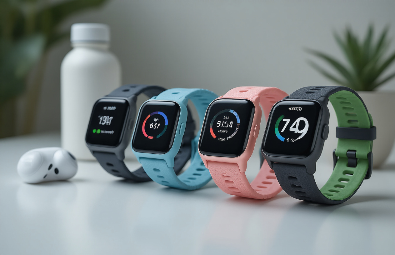 Create a realistic image of a close-up view of multiple modern fitness trackers and smartwatches displayed on a clean white surface, showing various colorful sport bands in black, blue, pink, and green, with their screens displaying different health metrics like heart rate, step count, and activity rings, surrounded by subtle fitness accessories like wireless earbuds and a water bottle in soft natural lighting, creating a motivational and tech-focused atmosphere, absolutely NO text should be in the scene.