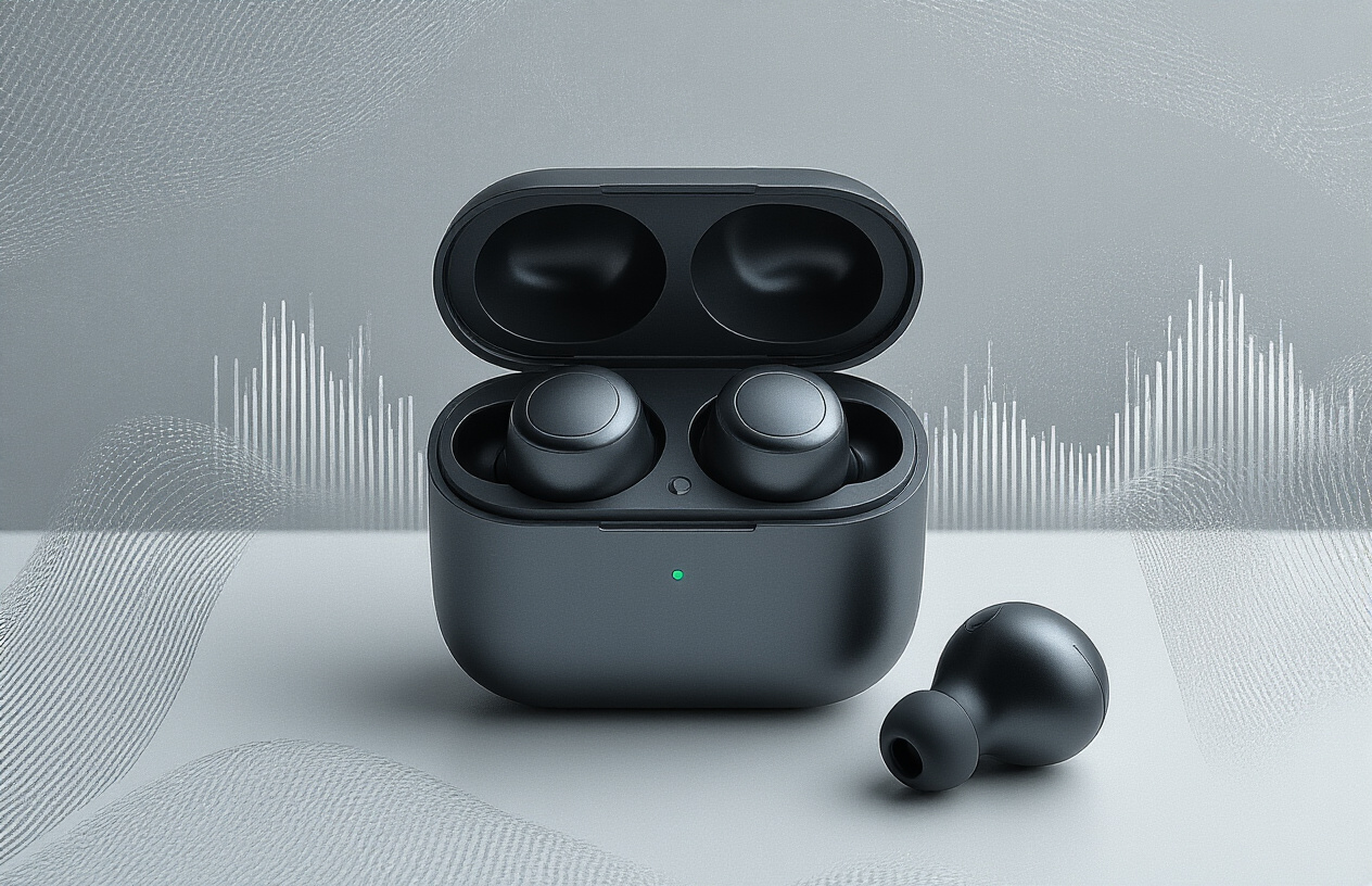 Create a realistic image of modern wireless earbuds in their sleek charging case placed on a clean white surface, with one earbud positioned outside the case to showcase the ergonomic design, surrounded by subtle sound wave visualizations or audio frequency patterns in the background, soft studio lighting highlighting the premium metallic finish and smooth curves of the earbuds, creating a tech-focused product photography aesthetic that emphasizes audio innovation and portability, absolutely NO text should be in the scene.