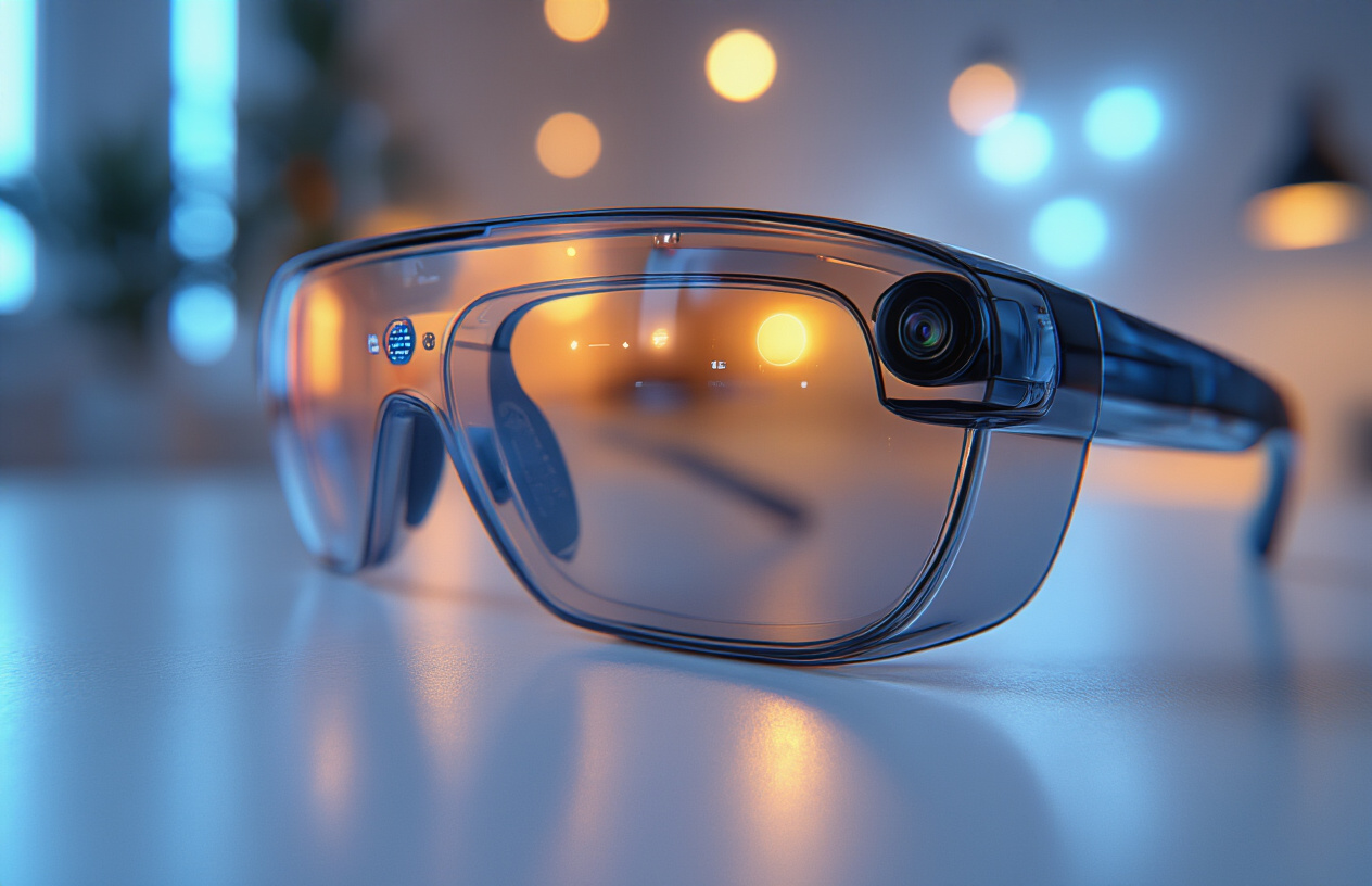 Create a realistic image of modern smart glasses with sleek transparent frames and subtle LED indicators on the temples, positioned on a clean white surface with soft futuristic blue ambient lighting in the background, showcasing advanced technology features like tiny cameras and sensors integrated into the frame design, with a minimalist tech workspace setting that emphasizes the cutting-edge nature of wearable technology, absolutely NO text should be in the scene.