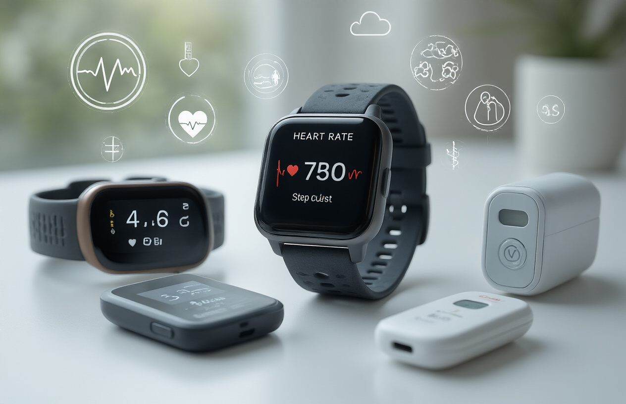 Create a realistic image of a close-up view of multiple health monitoring wearable devices including a smartwatch displaying heart rate data, a fitness tracker showing step count, and a pulse oximeter, all arranged on a clean white surface with soft natural lighting, complemented by subtle medical icons floating above the devices, creating a modern healthcare technology atmosphere, absolutely NO text should be in the scene.