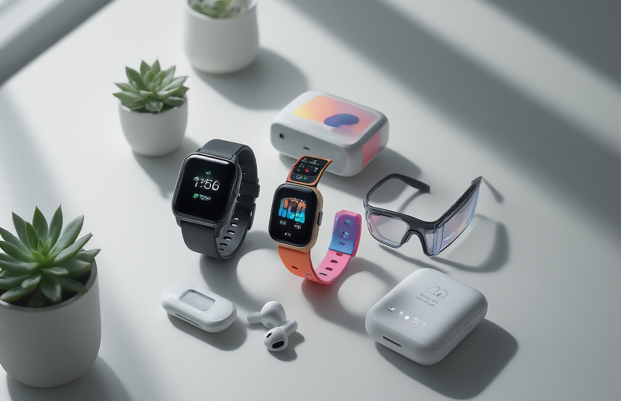 Create a realistic image of a modern white desk surface showcasing five different wearable tech devices arranged in an organized display: a sleek black smartwatch with glowing screen, a colorful fitness tracker band, white wireless earbuds in their charging case, futuristic smart glasses with clear frames, and a small health monitoring device with LED indicators, all positioned on a clean minimalist background with soft natural lighting from above creating gentle shadows, conveying innovation and technology advancement mood, absolutely NO text should be in the scene.