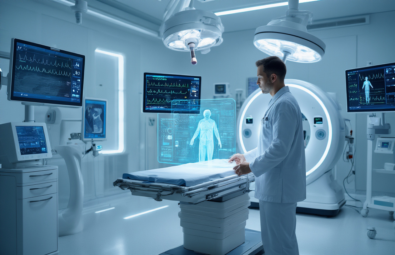 Create a realistic image of a modern hospital room with advanced medical technology including robotic surgical equipment, AI-powered diagnostic monitors displaying vital signs and medical data, a sleek medical scanner, and futuristic healthcare devices with glowing LED indicators, featuring a white male doctor in scrubs examining holographic patient data projections, with clean white and blue medical environment lighting, sterile surfaces, and a calm professional atmosphere that conveys life-saving innovation, absolutely NO text should be in the scene.