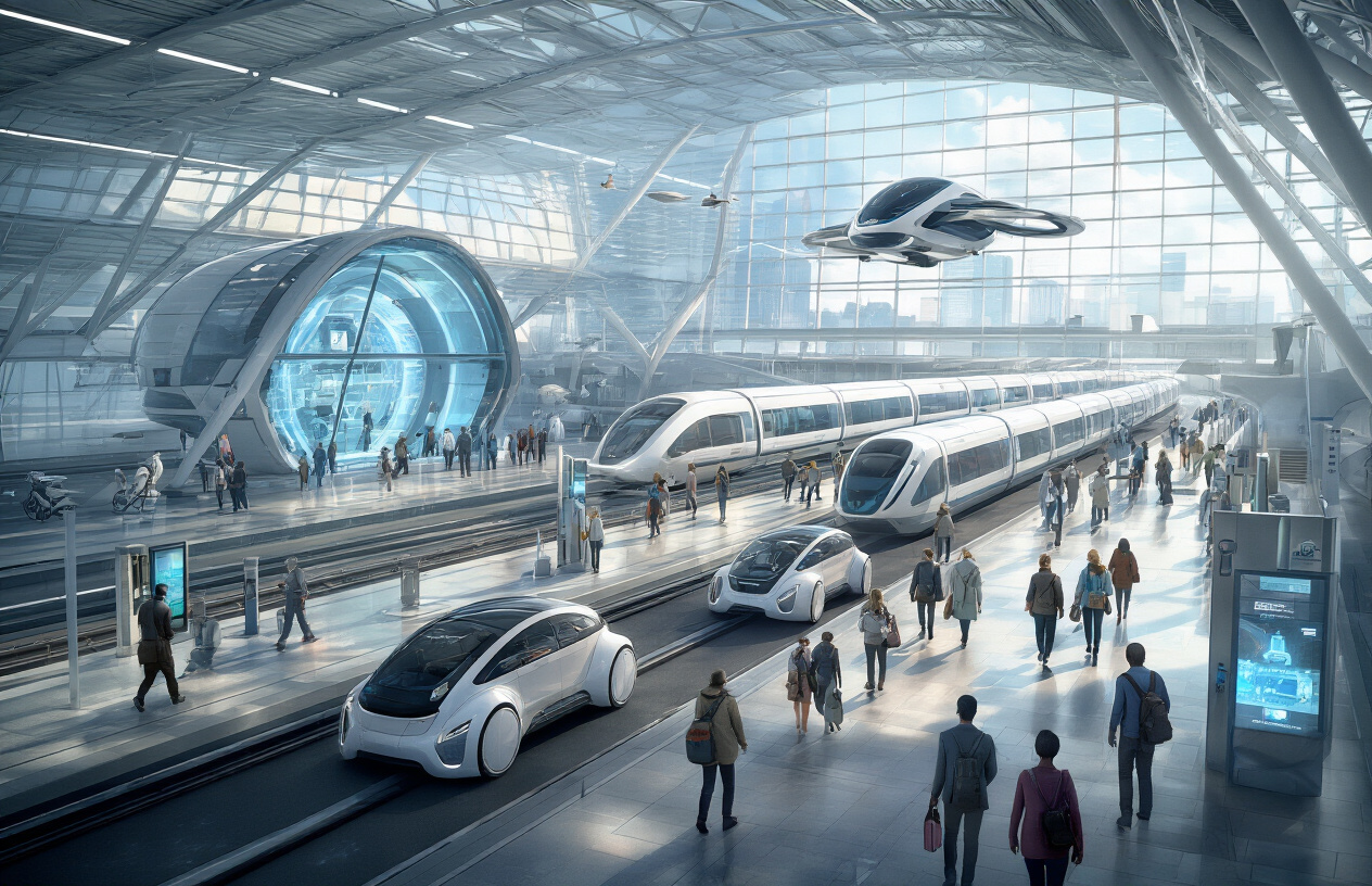 Create a realistic image of a futuristic transportation hub showcasing cutting-edge mobility innovations including autonomous electric vehicles, hyperloop pods, flying cars, and high-speed maglev trains, set in a modern glass and steel terminal with sleek architectural design, bright natural lighting streaming through large windows, bustling with diverse travelers of various races and genders moving through the space, featuring clean energy charging stations and holographic displays showing departure information, captured during daytime with a dynamic perspective that emphasizes the integration of multiple transportation modes, absolutely NO text should be in the scene.