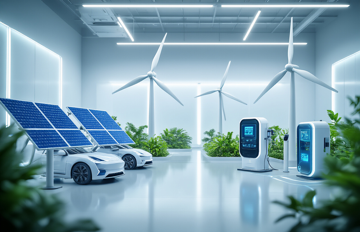 Create a realistic image of cutting-edge environmental technology gadgets including solar panels with advanced blue crystalline surfaces, sleek wind turbines with modern curved blades, electric vehicle charging stations with futuristic designs, and smart environmental monitoring devices with digital displays, all arranged in a clean modern laboratory or exhibition space with bright white LED lighting, featuring a backdrop of green plants and a subtle blue-tinted atmosphere suggesting clean air and sustainability, with the gadgets displaying glowing LED indicators and high-tech interfaces, absolutely NO text should be in the scene.