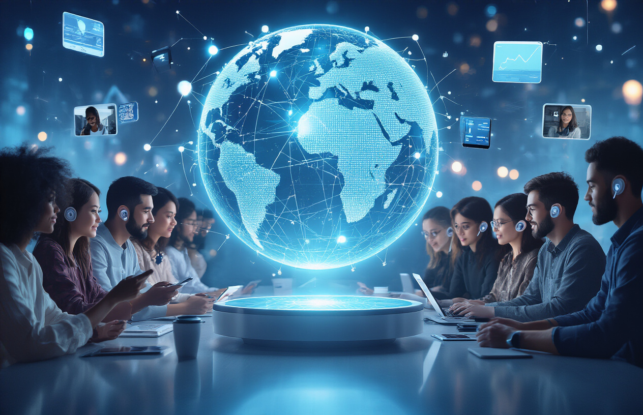 Create a realistic image of diverse people from different continents connecting through modern communication technology, featuring a central holographic globe showing digital connection lines between continents, surrounded by floating modern devices like smartphones, tablets, and wireless earbuds, with people of various races including white, black, Asian, and Hispanic individuals both male and female using video calls and messaging apps, set against a futuristic blue-toned background with soft glowing lights and digital network patterns, conveying a sense of unity and global connectivity, absolutely NO text should be in the scene.