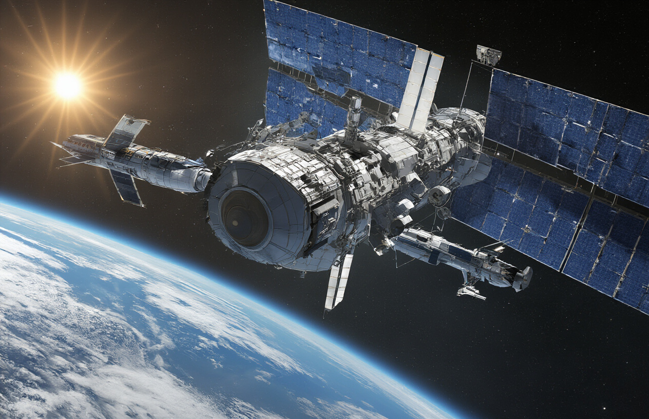Create a realistic image of a futuristic space station orbiting Earth with sleek spacecraft docked to it, showing advanced solar panels and communication arrays extending from the station, with the blue marble of Earth visible in the background against the black starry void of space, dramatic lighting from the sun illuminating one side of the station while casting deep shadows on the other side, conveying a sense of human achievement and technological advancement in space exploration, absolutely NO text should be in the scene.