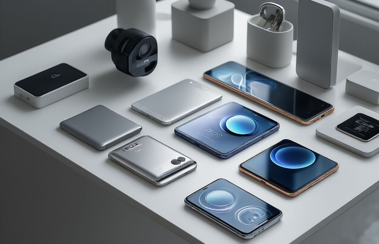 Create a realistic image of sleek budget smartphones and tech gadgets arranged on a clean white surface, showcasing premium design elements like metallic finishes, glass screens, and refined button placements, with soft studio lighting highlighting the quality craftsmanship and attention to detail in the device construction, captured from a slightly elevated angle to display the sophisticated aesthetics and build quality that make affordable devices appear high-end, absolutely NO text should be in the scene.