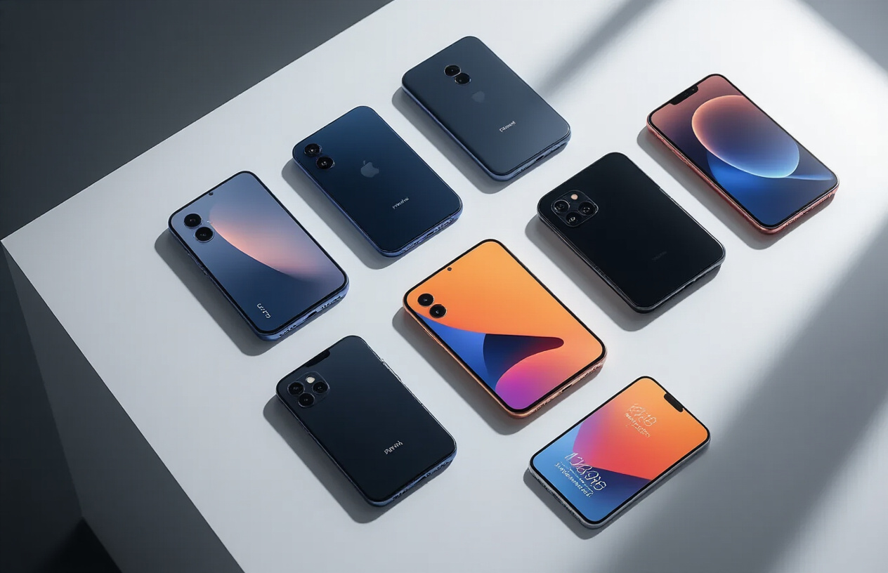 Create a realistic image of multiple modern smartphones arranged on a clean white surface, featuring various affordable smartphone models with sleek designs, premium finishes, and different screen sizes displayed at attractive angles, with soft professional lighting casting gentle shadows, creating an upscale product showcase atmosphere that emphasizes the high-quality appearance and premium aesthetics of budget-friendly devices, absolutely NO text should be in the scene.