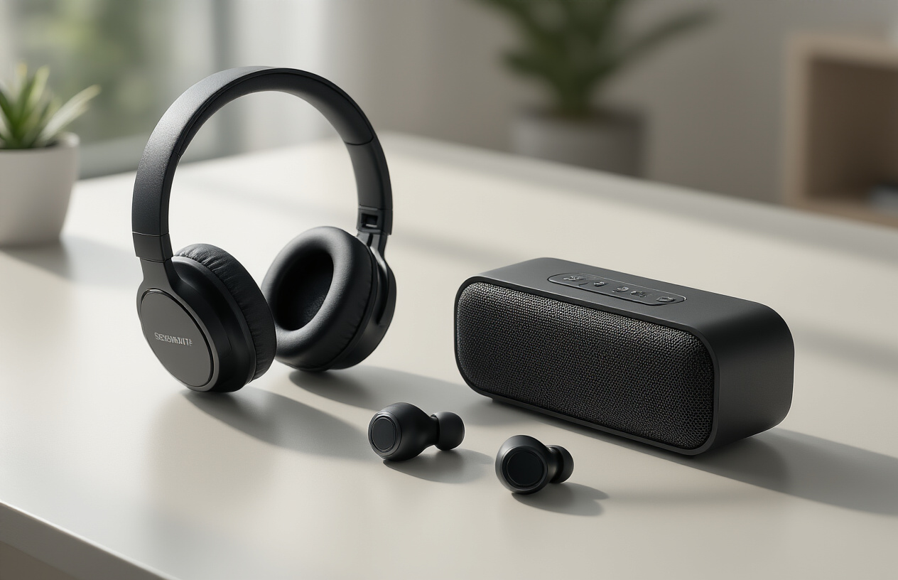 Create a realistic image of sleek budget-friendly audio equipment including over-ear headphones, wireless earbuds, and a compact Bluetooth speaker arranged on a clean modern desk surface, with soft natural lighting from the side creating subtle shadows, showcasing the premium-looking black and silver finishes of the devices, with a minimalist background featuring a blurred home office setting, emphasizing the sophisticated design and build quality that rivals expensive alternatives, absolutely NO text should be in the scene.