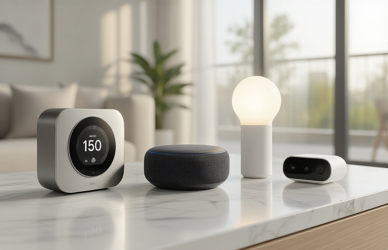 Create a realistic image of an elegantly arranged collection of modern smart home devices displayed on a sleek white marble surface, featuring a premium-looking smart thermostat with brushed metal finish, a sophisticated black smart speaker with fabric covering, stylish smart light bulbs with warm ambient lighting, and a minimalist smart security camera, all positioned in a contemporary living room setting with soft natural lighting from large windows, creating shadows and highlights that emphasize the premium textures and finishes of each device, absolutely NO text should be in the scene.