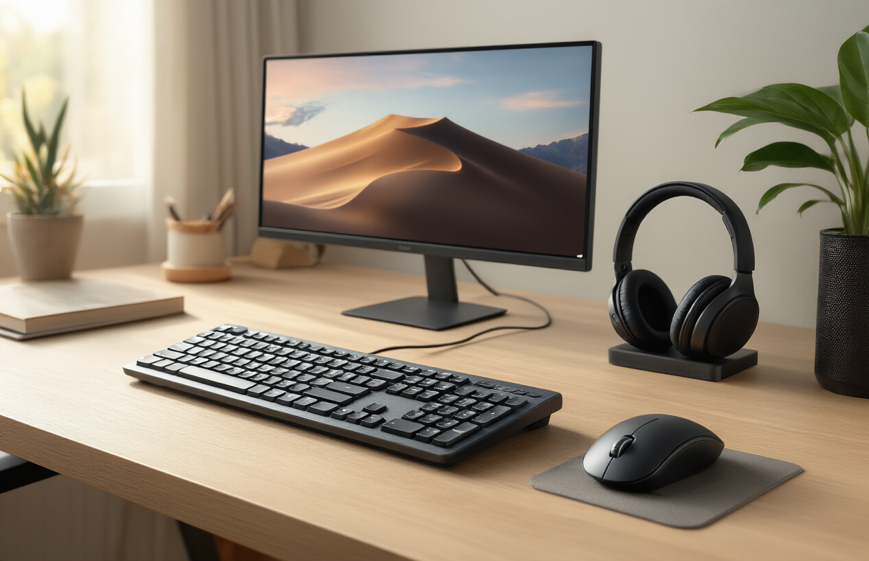 Create a realistic image of a modern, well-organized workspace featuring affordable computer accessories that look premium, including a sleek wireless keyboard, ergonomic mouse, laptop stand, USB hub, wireless headphones, and a monitor with thin bezels on a clean wooden desk, with soft natural lighting from a nearby window creating a professional and productive atmosphere, warm color palette with subtle shadows, absolutely NO text should be in the scene.