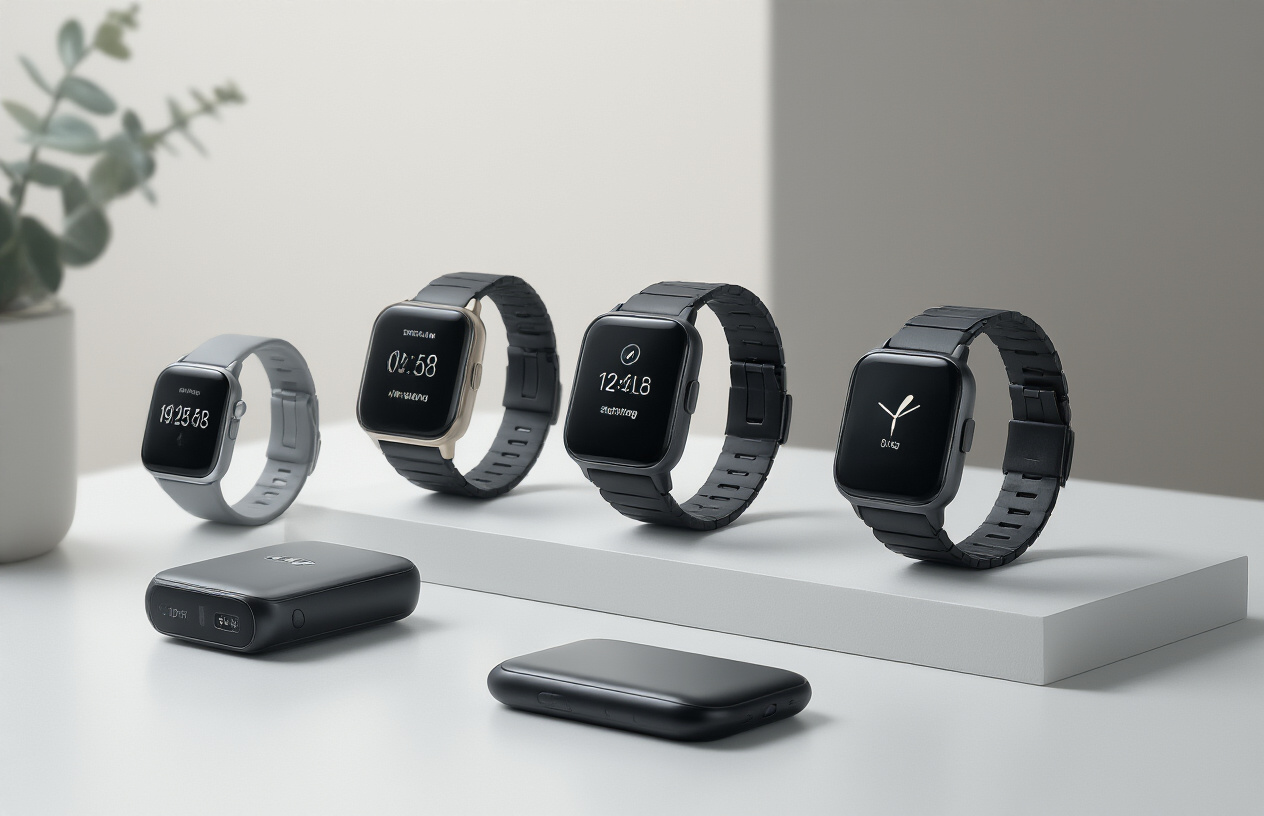 Create a realistic image of an elegant display showcasing affordable wearable tech gadgets including smartwatches, fitness trackers, and wireless earbuds arranged on a clean white surface, with the devices featuring sleek metallic finishes and premium-looking designs that resemble high-end brands, soft diffused lighting creating subtle shadows, minimalist modern background with subtle gradient, professional product photography style with shallow depth of field, absolutely NO text should be in the scene.