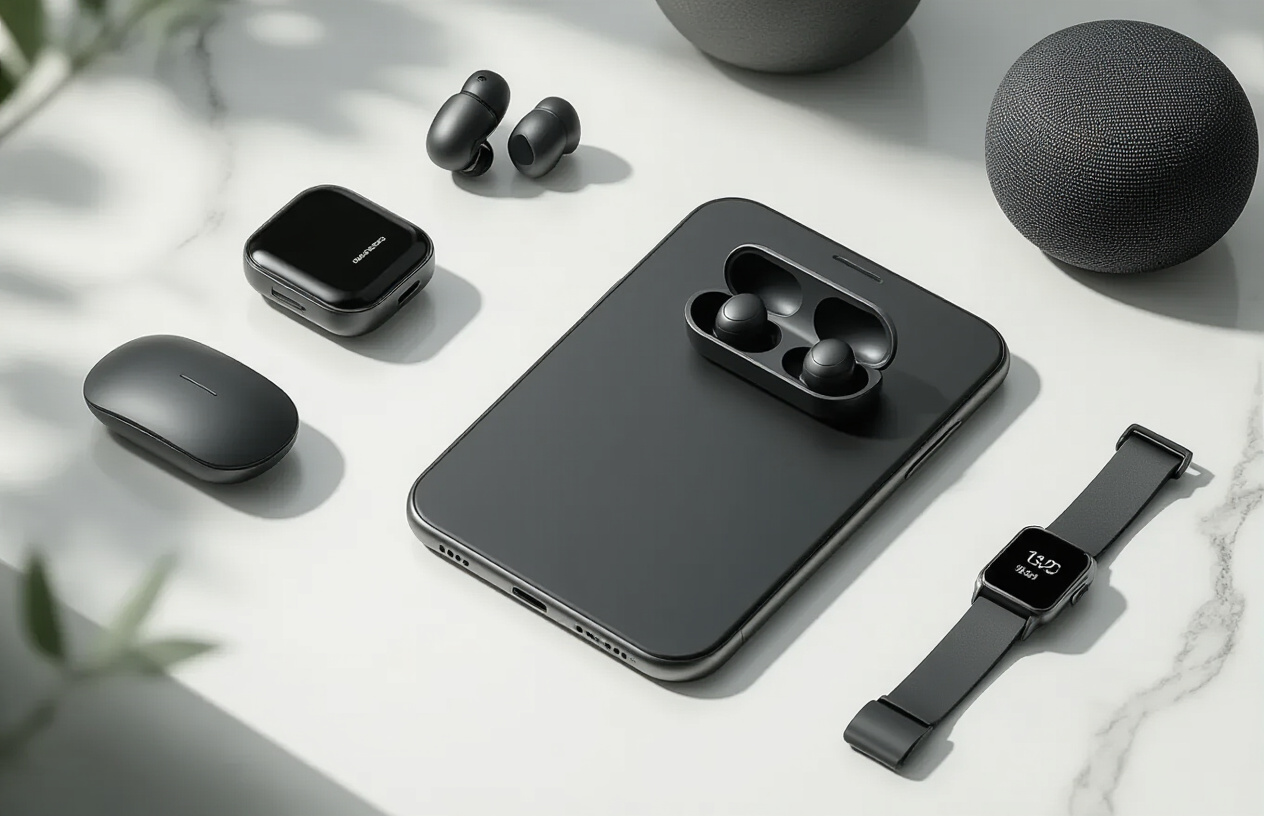 Create a realistic image of an elegant flat lay arrangement on a clean white marble surface featuring affordable tech gadgets that appear premium, including a sleek black smartphone with metallic edges, wireless earbuds in an open charging case, a minimalist smartwatch with black band, a modern wireless mouse, a compact smart speaker, and a fitness tracker, all positioned aesthetically with soft natural lighting casting gentle shadows, creating a sophisticated and luxurious atmosphere that emphasizes the high-quality appearance of budget-friendly technology products, absolutely NO text should be in the scene.