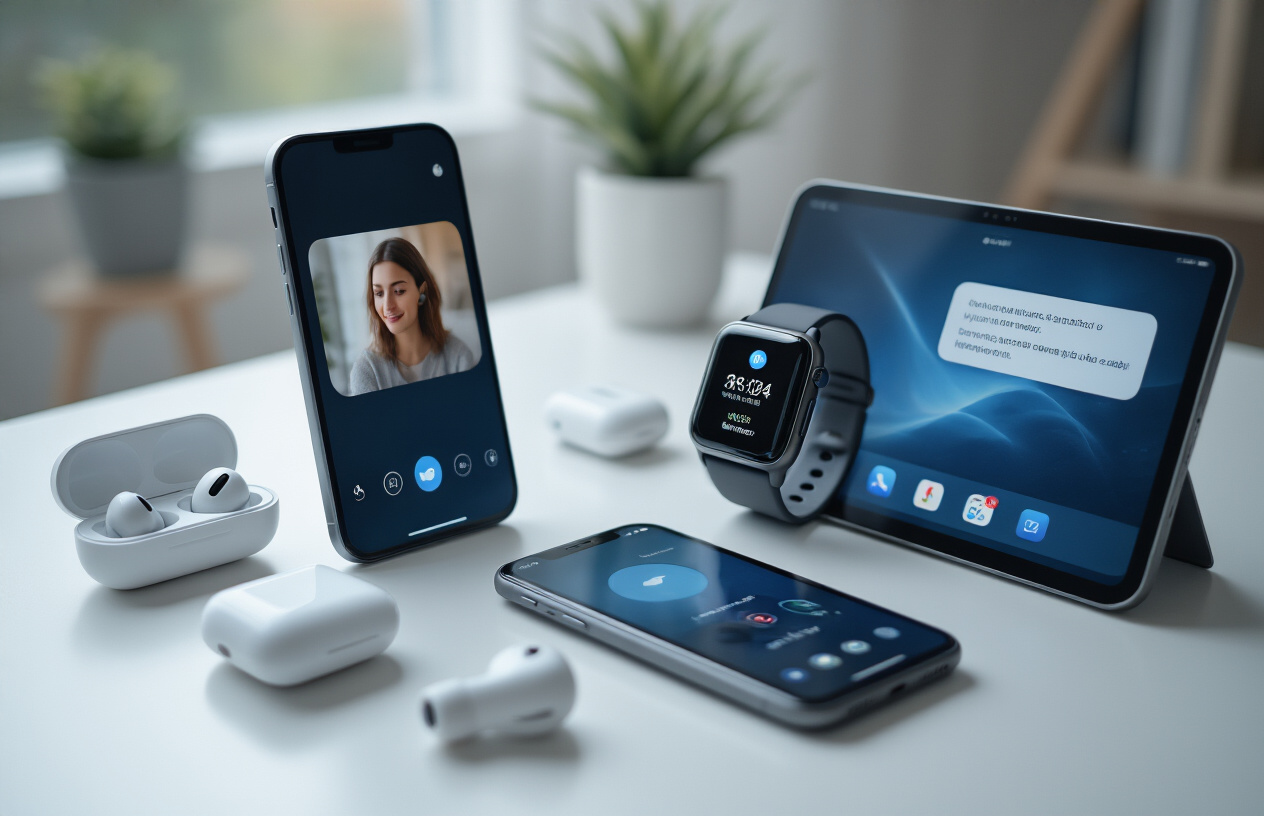 Create a realistic image of modern smart devices arranged on a sleek white surface showcasing communication technology, including a smartphone displaying a video call interface, wireless earbuds in their charging case, a smartwatch with notification icons, and a tablet showing a messaging app, with soft natural lighting from the side creating gentle shadows, clean minimalist background with subtle blue accent lighting, devices positioned at dynamic angles to show their screens and features clearly, absolutely NO text should be in the scene.