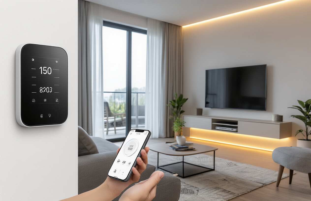 Create a realistic image of a modern living room showcasing multiple smart home devices working together seamlessly, featuring a sleek smart thermostat on the wall displaying temperature settings, automated curtains partially drawn with motorized tracks visible, smart LED lighting strips under furniture creating ambient lighting, a voice assistant speaker on a side table, a smartphone on a coffee table showing a home automation app interface, and a smart TV mounted on the wall, all in a contemporary home interior with clean lines, neutral colors, and natural lighting streaming through large windows, creating a sophisticated and effortless living environment, absolutely NO text should be in the scene.