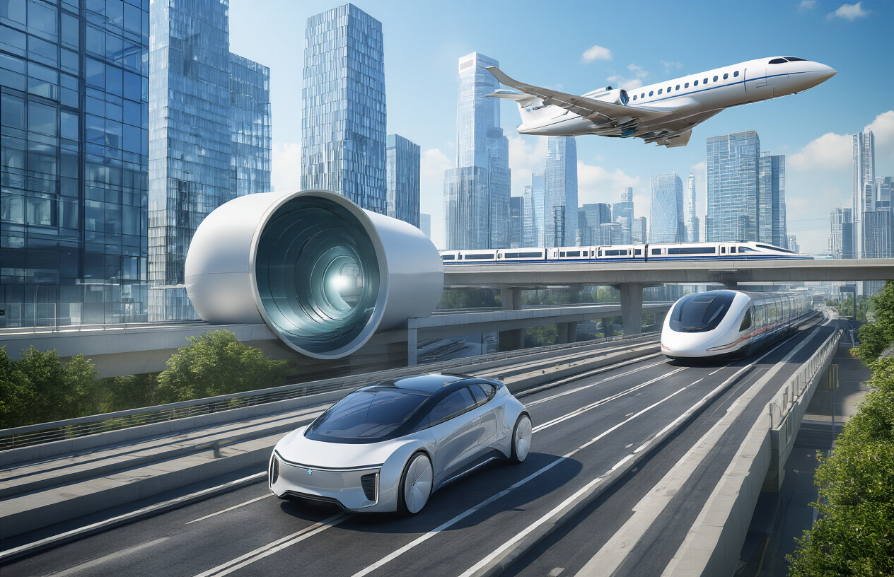 Create a realistic image of a modern urban scene showcasing revolutionary transportation technologies including a sleek electric autonomous vehicle on a smart road, a hyperloop pod emerging from a futuristic tunnel entrance, an electric vertical takeoff aircraft hovering in the sky, and a high-speed maglev train on elevated tracks in the background, set against a contemporary cityscape with glass buildings under bright daylight with clean blue skies, absolutely NO text should be in the scene.