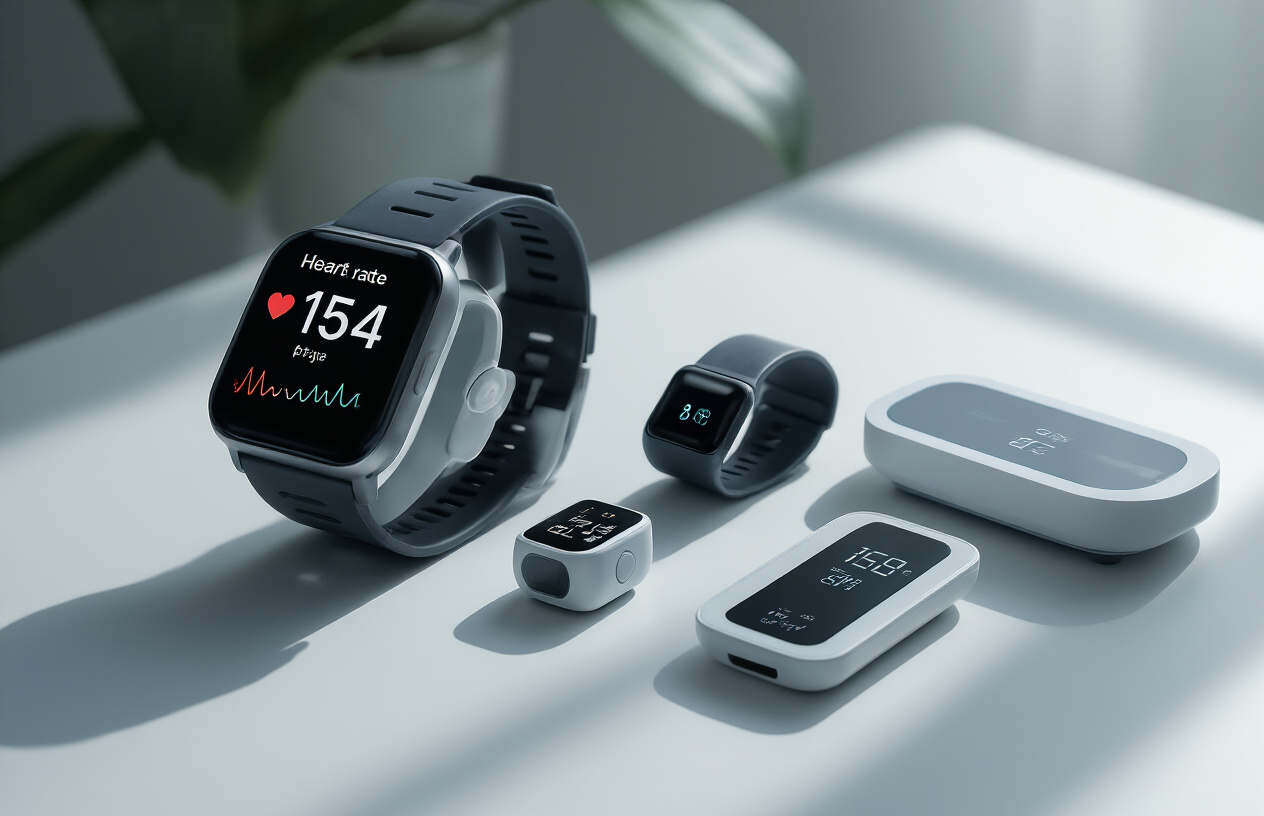 Create a realistic image of modern health monitoring gadgets arranged on a clean white surface, including a smartwatch displaying heart rate data, a fitness tracker band, a digital blood pressure monitor, a pulse oximeter, and a smart scale, with soft natural lighting from above creating gentle shadows, conveying a sense of innovation and life-saving technology, absolutely NO text should be in the scene.