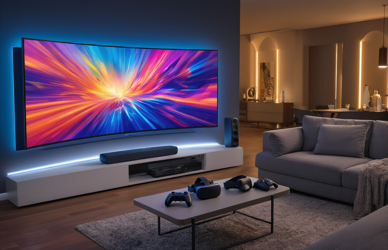 Create a realistic image of a modern living room showcasing cutting-edge entertainment technology with a large curved OLED TV displaying vibrant colors, a sleek soundbar beneath it, wireless surround sound speakers positioned around the room, a VR headset resting on a minimalist coffee table, gaming controllers on a contemporary sofa, ambient LED strip lighting behind the TV creating a blue glow, smart home devices visible on side tables, polished hardwood floors, and a sophisticated dark color scheme with warm accent lighting, absolutely NO text should be in the scene.