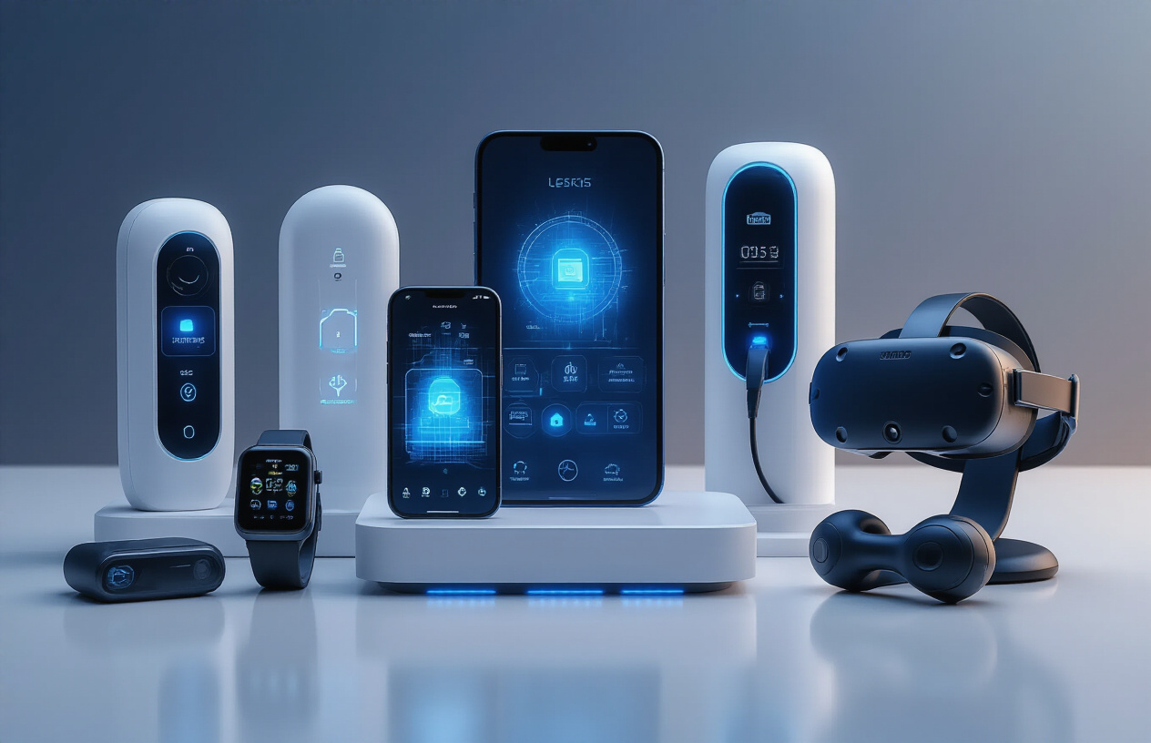 Create a realistic image of a modern tech showcase displaying the decade's most innovative gadgets arranged on a sleek white surface, featuring a smartphone with holographic display, smart home control panel with glowing interface, electric vehicle charging port with blue LED indicators, fitness smartwatch with health monitoring display, and VR headset with wireless controllers, all positioned against a futuristic gradient background transitioning from deep blue to silver, with soft ambient lighting creating subtle reflections on the gadgets' surfaces, conveying a sense of technological advancement and innovation, absolutely NO text should be in the scene.