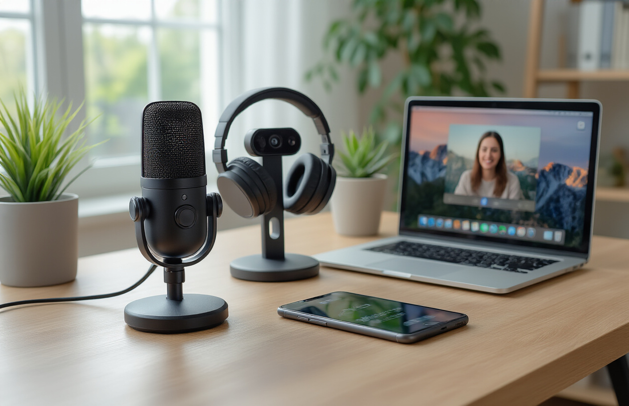 Create a realistic image of a modern home office desk setup featuring essential communication devices including a high-quality USB microphone, wireless noise-canceling headphones, a webcam mounted on a laptop, a smartphone on a wireless charging pad, and a tablet displaying a video call interface, all arranged on a clean wooden desk with soft natural lighting from a nearby window, creating a professional and organized remote work environment, absolutely NO text should be in the scene.