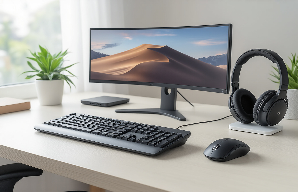 Create a realistic image of a modern desk setup featuring essential computer accessories for productivity including a wireless ergonomic keyboard, precision wireless mouse, large curved monitor, laptop stand, USB hub, wireless charging pad, and noise-canceling headphones arranged on a clean white or light wooden desk surface with soft natural lighting from a window, creating a professional and organized workspace atmosphere, absolutely NO text should be in the scene.
