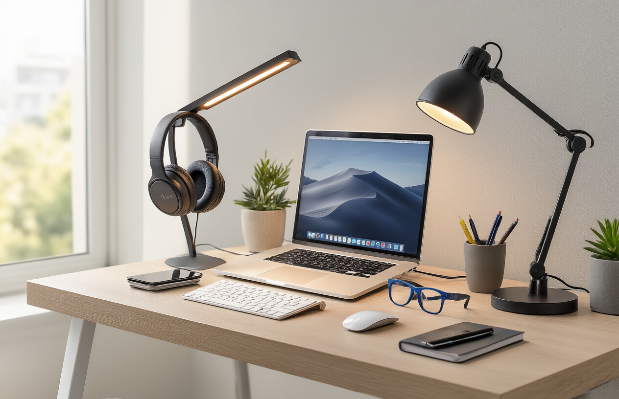Create a realistic image of a modern, organized home office workspace featuring essential focus-enhancing gadgets including noise-canceling headphones hanging on a sleek stand, an adjustable LED desk lamp with warm lighting, a laptop with an external monitor setup, wireless keyboard and mouse, a smartphone on a wireless charging pad, blue light blocking glasses on the desk, a small potted plant for ambiance, and a minimalist desk organizer with pens and notebooks, all arranged on a clean wooden desk against a neutral wall background with soft natural lighting from a window, creating a calm and productive atmosphere, absolutely NO text should be in the scene.