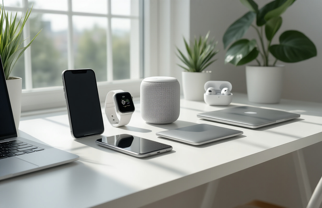 Create a realistic image of a modern workspace featuring essential smart devices arranged on a clean white desk including a sleek smartphone, tablet, smartwatch, wireless earbuds in their charging case, a laptop computer, and a smart speaker, all positioned in an organized manner with soft natural lighting from a window creating gentle shadows, professional office environment in the background, contemporary minimalist setting that conveys productivity and efficiency, absolutely NO text should be in the scene.