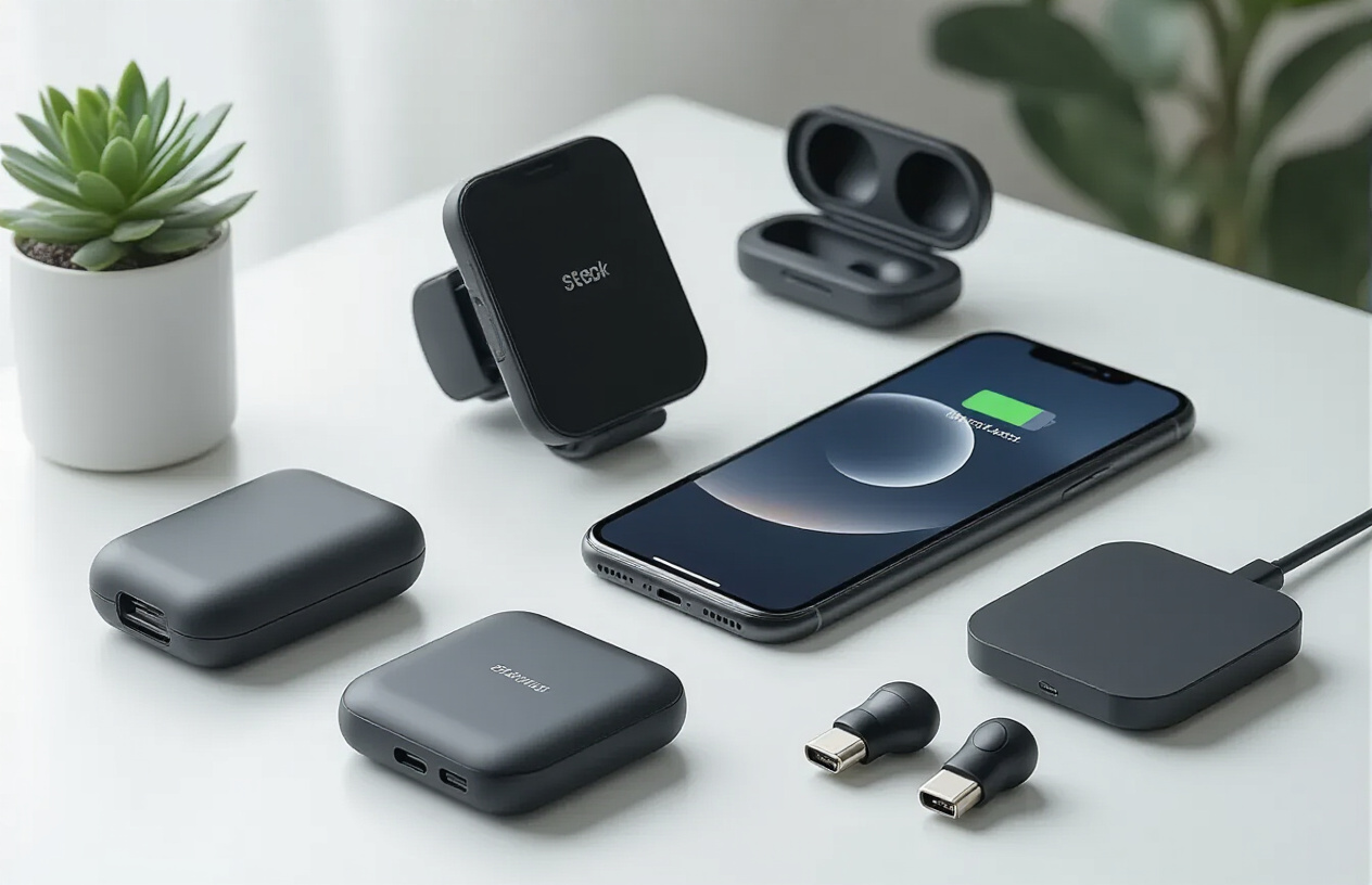 Create a realistic image of essential mobile accessories arranged on a clean white desk surface including a wireless power bank, smartphone car mount, bluetooth wireless earbuds in their charging case, a portable phone stand, USB-C charging cables, and a compact wireless charging pad, with a modern smartphone placed among the accessories, soft natural lighting from the side creating subtle shadows, professional product photography style with a minimalist background, absolutely NO text should be in the scene.