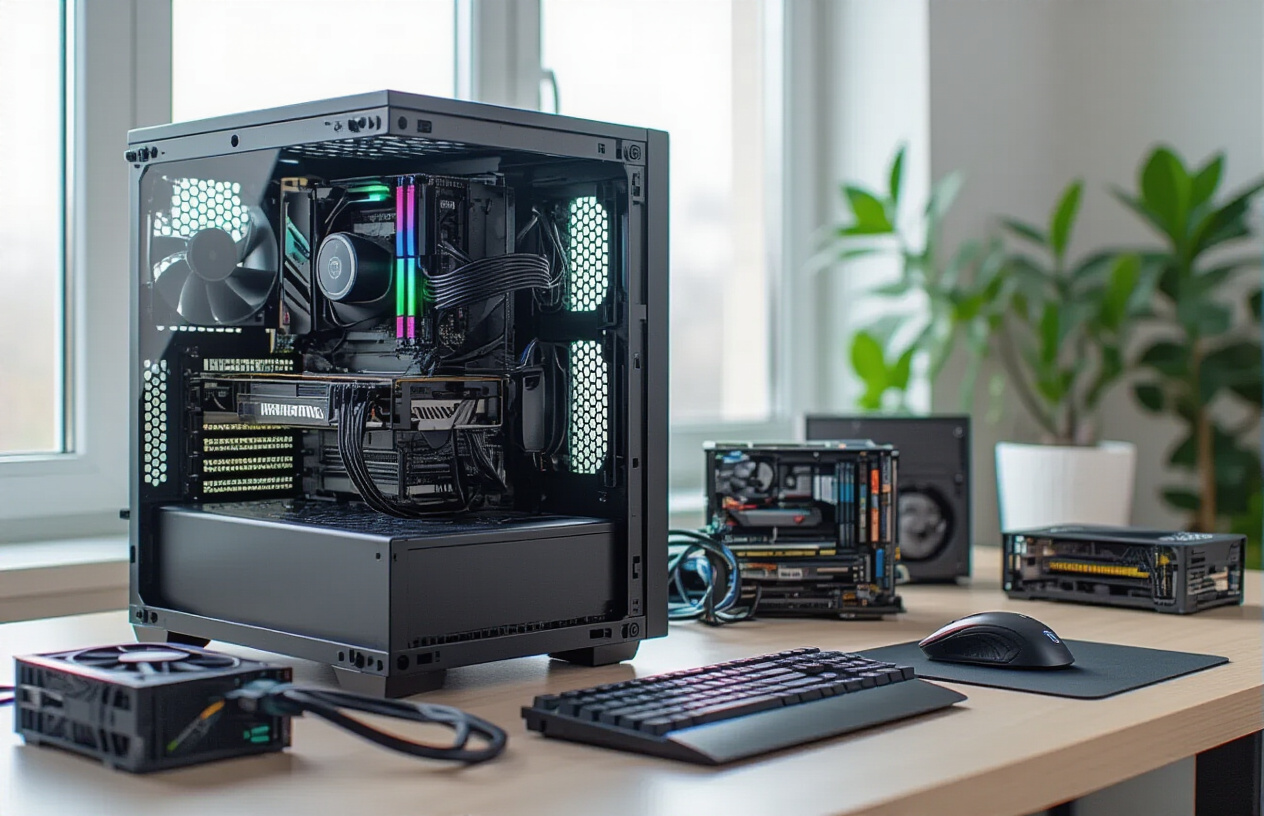 Create a realistic image of a modern desktop computer setup with an open computer case showing upgraded hardware components including a high-end graphics card, additional RAM modules, and a new processor cooler, with various computer parts like SSDs and cables neatly arranged on a clean workspace beside the computer, soft natural lighting from a window creating a professional tech environment, absolutely NO text should be in the scene.