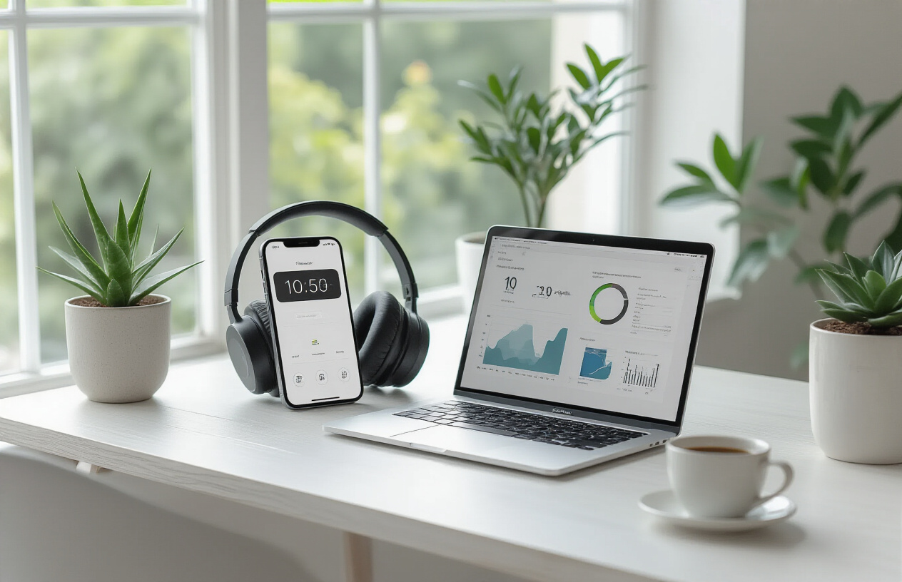 Create a realistic image of a modern desk setup featuring a sleek smartphone with focus mode enabled, a minimalist digital timer device, noise-canceling headphones, and a clean laptop displaying a simple productivity dashboard, arranged on a white wooden desk with soft natural lighting from a nearby window, creating a calm and organized workspace atmosphere that promotes concentration and eliminates distractions, with a few small potted plants and a clean coffee cup as complementary elements, absolutely NO text should be in the scene.