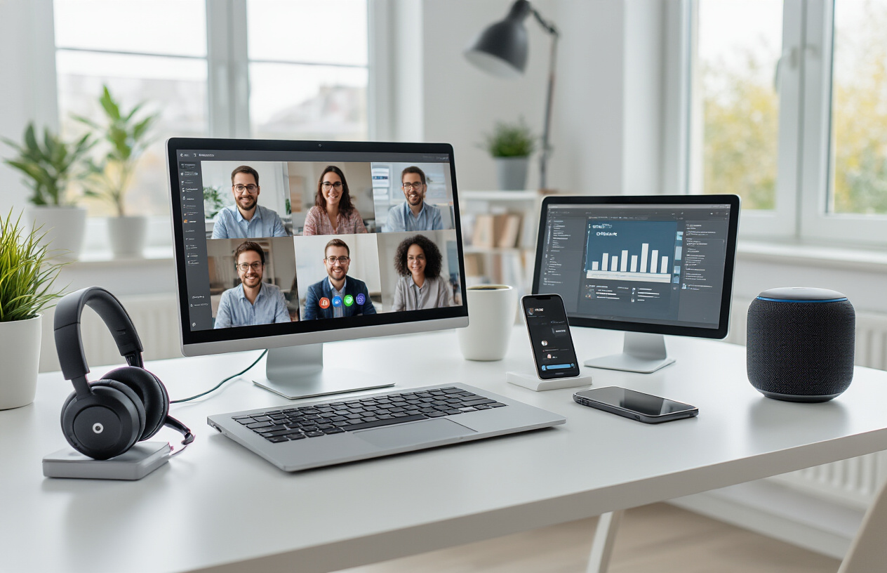 Create a realistic image of a modern home office desk setup featuring multiple collaboration tech gadgets including a laptop with video call interface showing diverse team members, a wireless headset, a digital tablet displaying project management tools, a smartphone on a charging stand, and a smart speaker, all arranged on a clean white desk with soft natural lighting from a nearby window, creating a professional and organized remote work environment that emphasizes connectivity and teamwork, absolutely NO text should be in the scene.