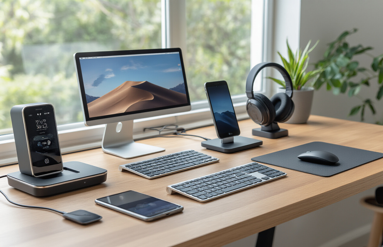 Create a realistic image of a modern, organized workspace featuring a sleek wooden desk with multiple productivity tech gadgets arranged harmoniously including a laptop with external monitor, wireless charging pad with smartphone, noise-canceling headphones, smartwatch, tablet with stylus, wireless mouse and keyboard, small smart speaker, and cable management accessories, set against a clean minimalist background with soft natural lighting from a window, creating a professional and efficient atmosphere that conveys enhanced productivity and technological integration, absolutely NO text should be in the scene.