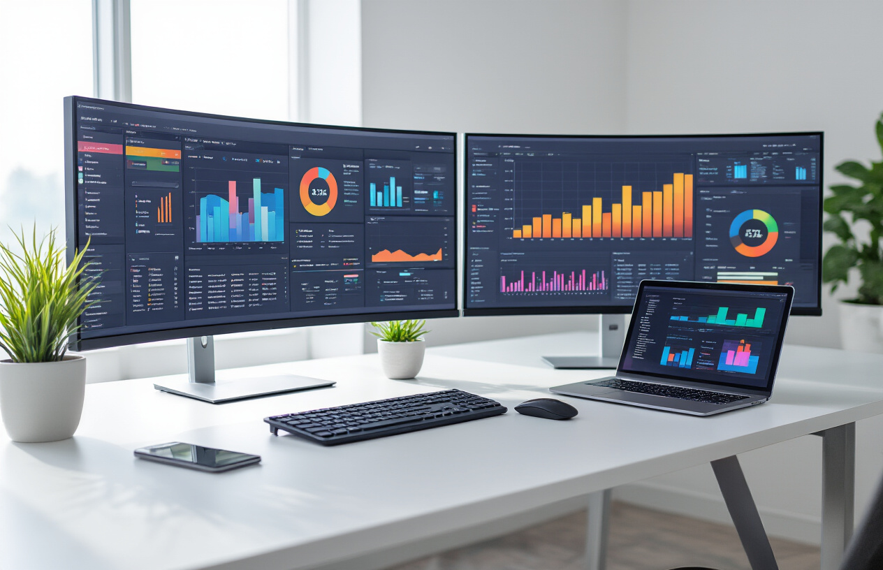 Create a realistic image of a modern workspace featuring two large curved ultrawide monitors displaying colorful productivity dashboards and charts, positioned on a sleek white desk with a wireless keyboard and mouse, accompanied by a laptop, smartphone, and small potted plant, set against a clean minimalist office background with soft natural lighting from a window, creating a professional and organized atmosphere that emphasizes technological efficiency and workspace optimization. Absolutely NO text should be in the scene.