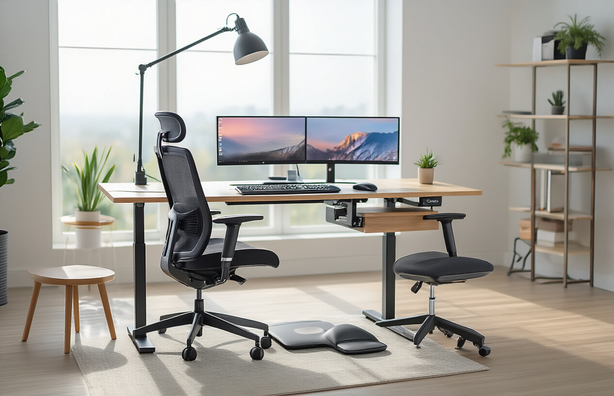 Create a realistic image of a modern workspace featuring ergonomic tools including an adjustable standing desk with a laptop, an ergonomic office chair with lumbar support, a wireless ergonomic keyboard and mouse, a monitor arm holding a curved display, a desk lamp with adjustable positioning, and a footrest, all arranged on a clean wooden desk surface against a bright, minimalist office background with natural lighting from a window, showcasing comfort and health-focused workspace gadgets, absolutely NO text should be in the scene.