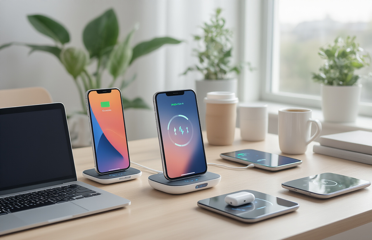 Create a realistic image of a modern workspace desk featuring multiple wireless charging pads and stations with smartphones, tablets, and earbuds placed on them, showing glowing LED indicators and charging symbols, surrounded by contemporary office accessories like a laptop, coffee cup, and plant, set against a clean minimalist background with soft natural lighting from a window, emphasizing organization and technology integration, absolutely NO text should be in the scene.