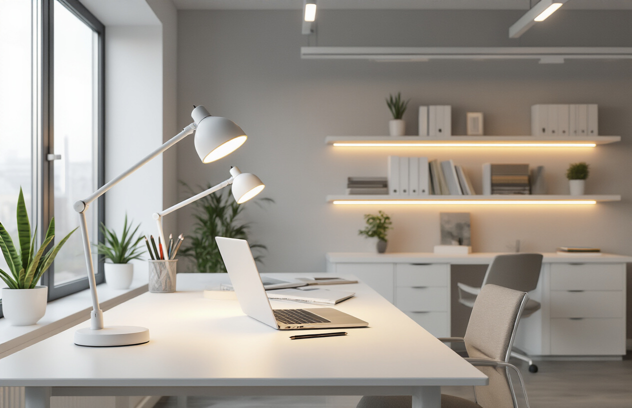 Create a realistic image of a modern workspace featuring smart lighting systems with adjustable LED desk lamps, ambient ceiling lights, and color-changing light strips mounted under shelves, illuminating a clean white desk with a laptop, notebook, and pen, set against a contemporary office background with minimalist furniture and neutral colors, creating a focused and productive atmosphere with warm white lighting that enhances concentration, absolutely NO text should be in the scene.