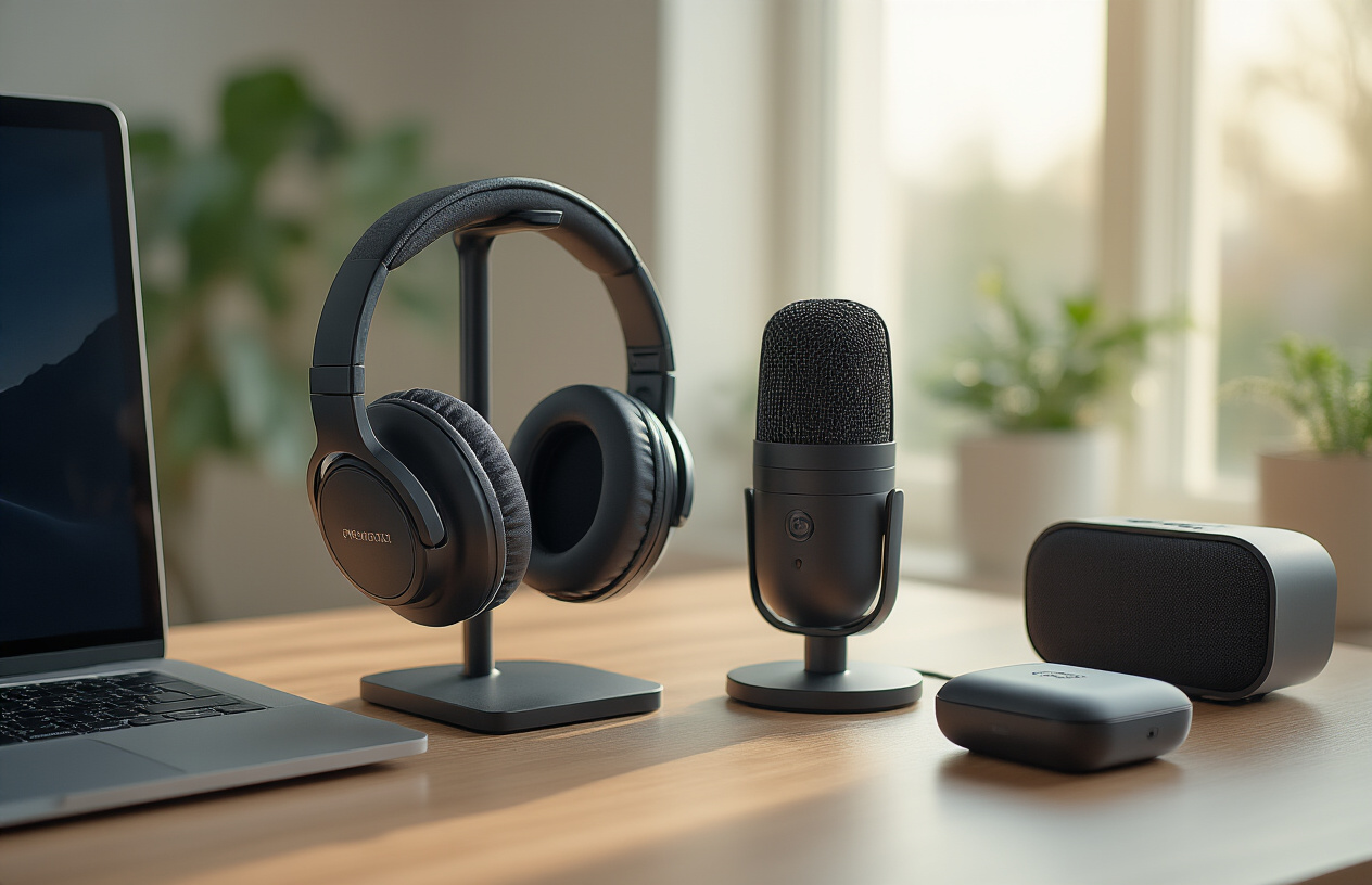 Create a realistic image of a modern workspace desk featuring premium audio equipment including noise-canceling headphones hanging on a sleek stand, a professional USB microphone with pop filter, wireless earbuds in their charging case, and a compact desktop speaker, all arranged on a clean wooden desk surface with a laptop partially visible, soft natural lighting from a window creating gentle shadows, minimalist office background with plants, conveying a productive and tech-savvy atmosphere, absolutely NO text should be in the scene.