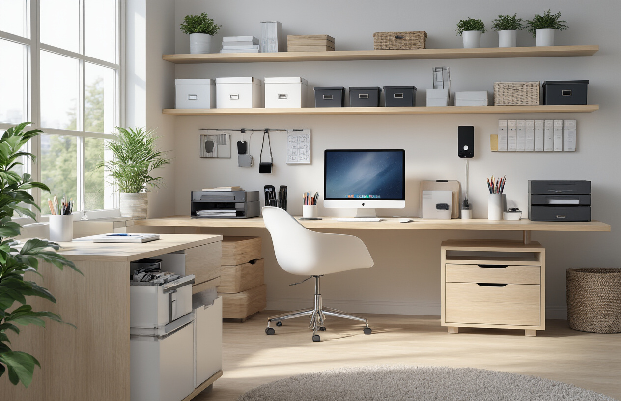 Create a realistic image of a modern, organized workspace featuring various sleek organization and storage gadgets including desk organizers with compartments holding pens and supplies, floating wall shelves with labeled storage boxes, a clean wooden desk with built-in drawers, wireless charging stations, cable management systems with cord organizers, minimalist file holders, and modern storage containers, all arranged in a bright, well-lit office environment with natural lighting from a window, showcasing a completely clutter-free and efficiently organized workspace with contemporary design elements, absolutely NO text should be in the scene.