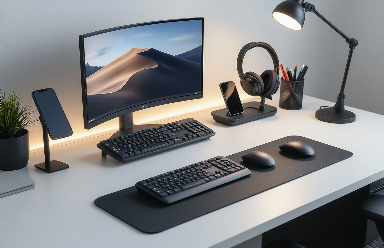 Create a realistic image of a modern, well-organized workspace desk showcasing multiple productivity gadgets including a large curved monitor displaying a clean desktop, ergonomic wireless keyboard and mouse, a sleek wireless charging pad with a smartphone, a contemporary adjustable desk lamp with warm LED lighting, premium over-ear headphones resting on a stand, and minimalist storage organizers with pens and cables neatly arranged, all set against a clean white or light gray background with soft, professional lighting that creates a productive and inspiring atmosphere, shot from a slightly elevated angle to capture the complete workspace setup, absolutely NO text should be in the scene.