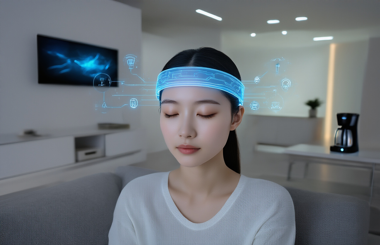 Create a realistic image of a young Asian female sitting in a modern, sleek living room wearing a thin, translucent neural headband with subtle glowing blue circuits, her eyes gently closed in concentration as various smart devices around her activate - a wall-mounted smart TV turning on, ceiling lights dimming, and a coffee maker beginning to brew - all connected by faint blue holographic waves emanating from her headband to show the mind-control connection, with soft ambient lighting creating a futuristic atmosphere in a minimalist white and gray interior setting, absolutely NO text should be in the scene.
