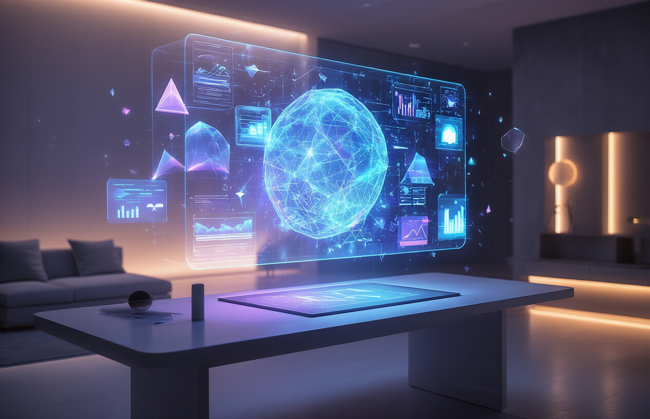 Create a realistic image of a sleek holographic display projecting vibrant 3D digital objects and interfaces floating in mid-air above a modern minimalist desk, with translucent blue and purple light emanating from the hologram creating an ethereal glow, set in a dimly lit futuristic room with clean lines and contemporary furniture, showcasing interactive digital elements like floating screens, data visualizations, and geometric shapes suspended in space, with soft ambient lighting highlighting the contrast between the bright holographic projections and the dark sophisticated environment, absolutely NO text should be in the scene.