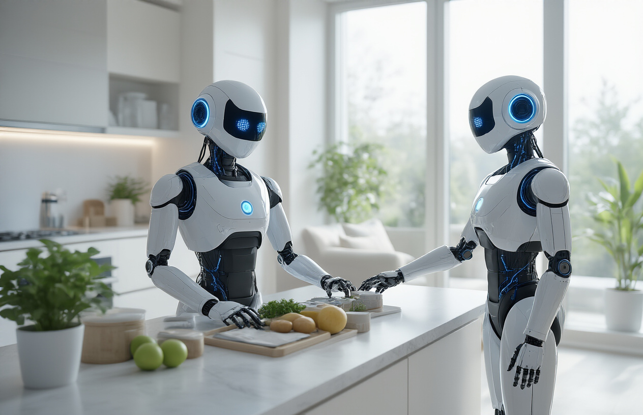Create a realistic image of sleek humanoid robots and AI companions in a modern smart home environment, featuring chrome and white robotic assistants with glowing blue LED accents helping with household tasks, one robot organizing items on a kitchen counter while another tends to plants, set in a bright contemporary living space with large windows, clean minimalist furniture, and soft natural lighting creating a welcoming futuristic atmosphere, absolutely NO text should be in the scene.