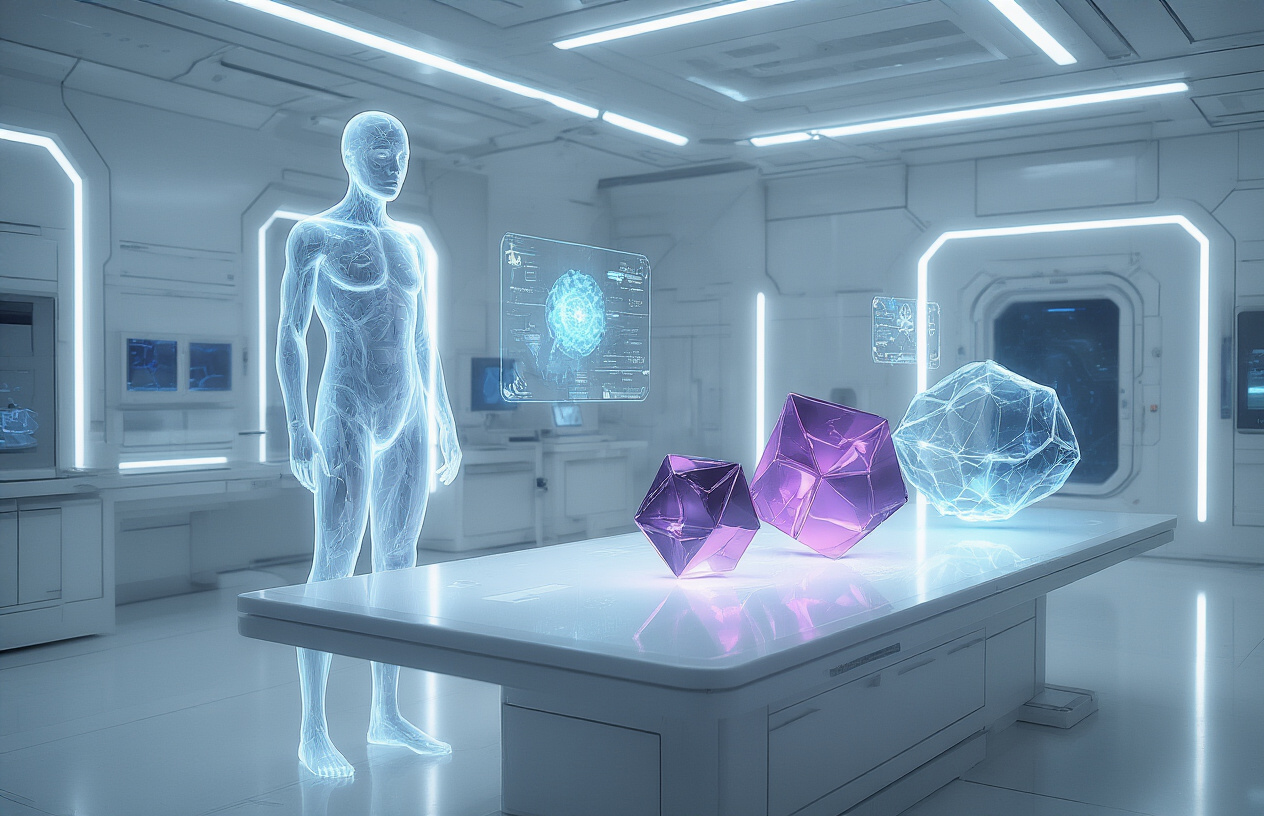 Create a realistic image of a futuristic laboratory scene showcasing invisibility and shape-shifting technologies, featuring a translucent humanoid figure partially visible with light bending around its silhouette, metallic shape-shifting materials morphing from geometric cubes into flowing organic forms on a sleek white laboratory table, holographic displays showing molecular structures floating in mid-air, advanced scientific equipment with glowing blue and purple LED lights, sterile white walls with subtle technological panels, dramatic lighting with soft shadows and light refraction effects creating an ethereal atmosphere, absolutely NO text should be in the scene.