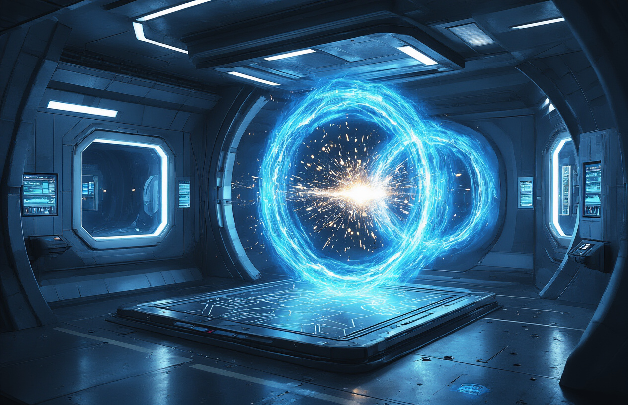 Create a realistic image of a futuristic teleportation chamber with swirling blue energy portals, featuring sleek metallic platforms with glowing circuit patterns, advanced control panels with holographic displays, particle effects and light beams connecting two transportation pods, set in a clean high-tech laboratory environment with ambient blue and white lighting, showing the moment of energy activation with sparkling light particles dispersing through the air, absolutely NO text should be in the scene.
