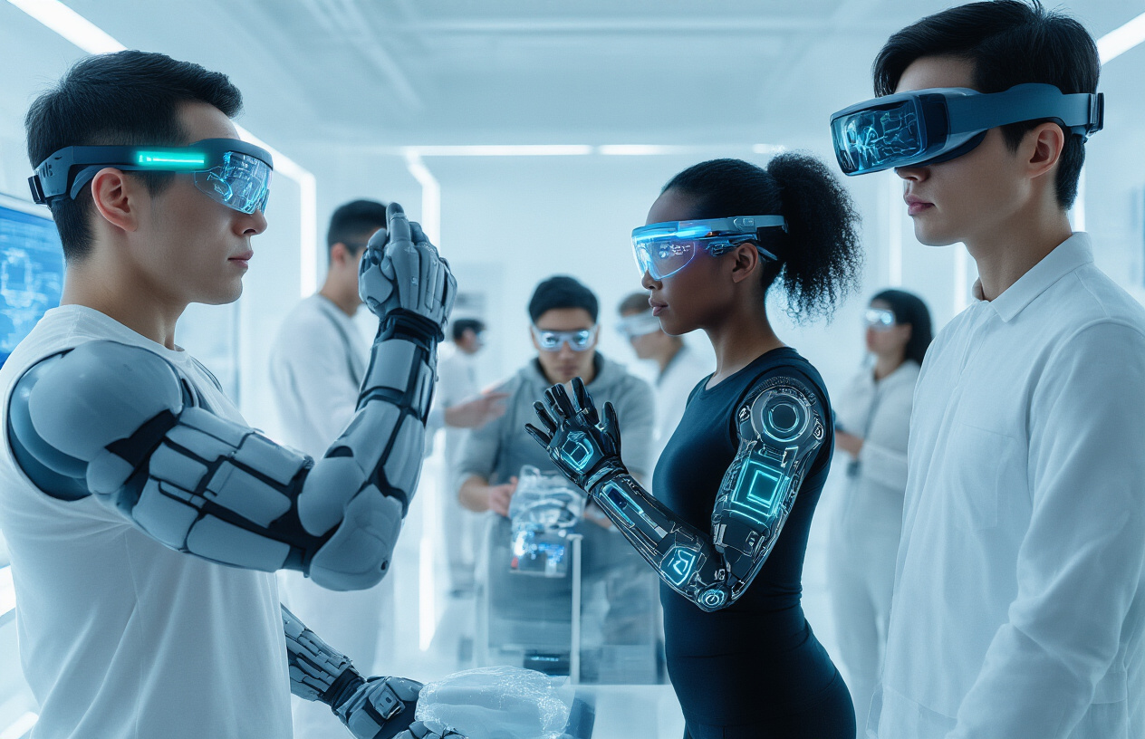 Create a realistic image of a diverse group of people wearing advanced futuristic wearable technology including smart contact lenses with glowing interfaces, sleek exoskeleton arm braces, neural interface headbands, and augmented reality glasses, featuring a white male demonstrating enhanced strength by lifting heavy objects, a black female with glowing neural sensors on her temples appearing to process information rapidly, and an Asian male wearing smart gloves with holographic displays, set in a modern high-tech laboratory with clean white surfaces and blue ambient lighting, conveying an atmosphere of innovation and human enhancement, absolutely NO text should be in the scene.