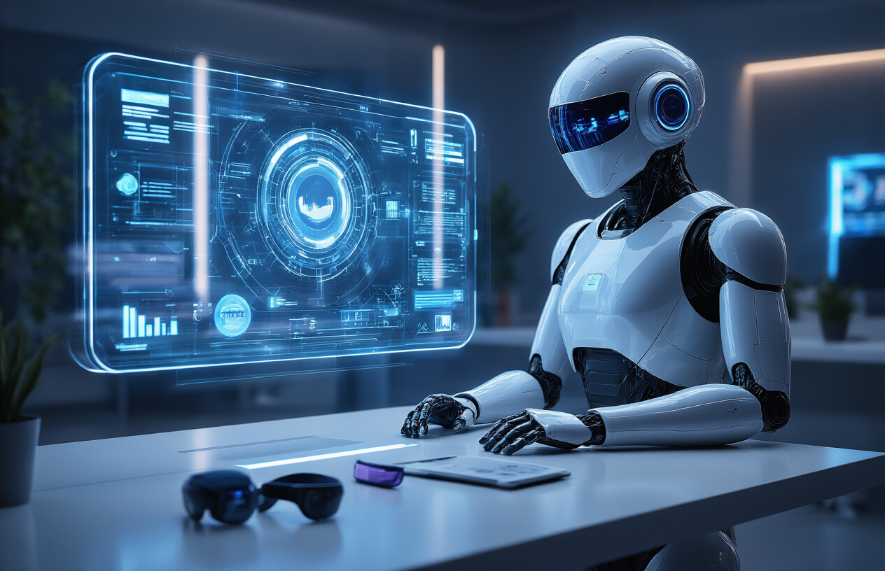 Create a realistic image of a sleek futuristic workspace showcasing multiple advanced technologies in harmony: a translucent holographic display floating in mid-air showing digital interface elements, a humanoid AI robot assistant with polished metallic surfaces standing beside a modern desk, various high-tech wearable devices including smart glasses and gloves scattered on the surface, subtle blue and purple ambient lighting creating a sophisticated atmosphere, clean minimalist background with smooth surfaces and geometric patterns, conveying a sense of innovation and technological advancement, absolutely NO text should be in the scene.