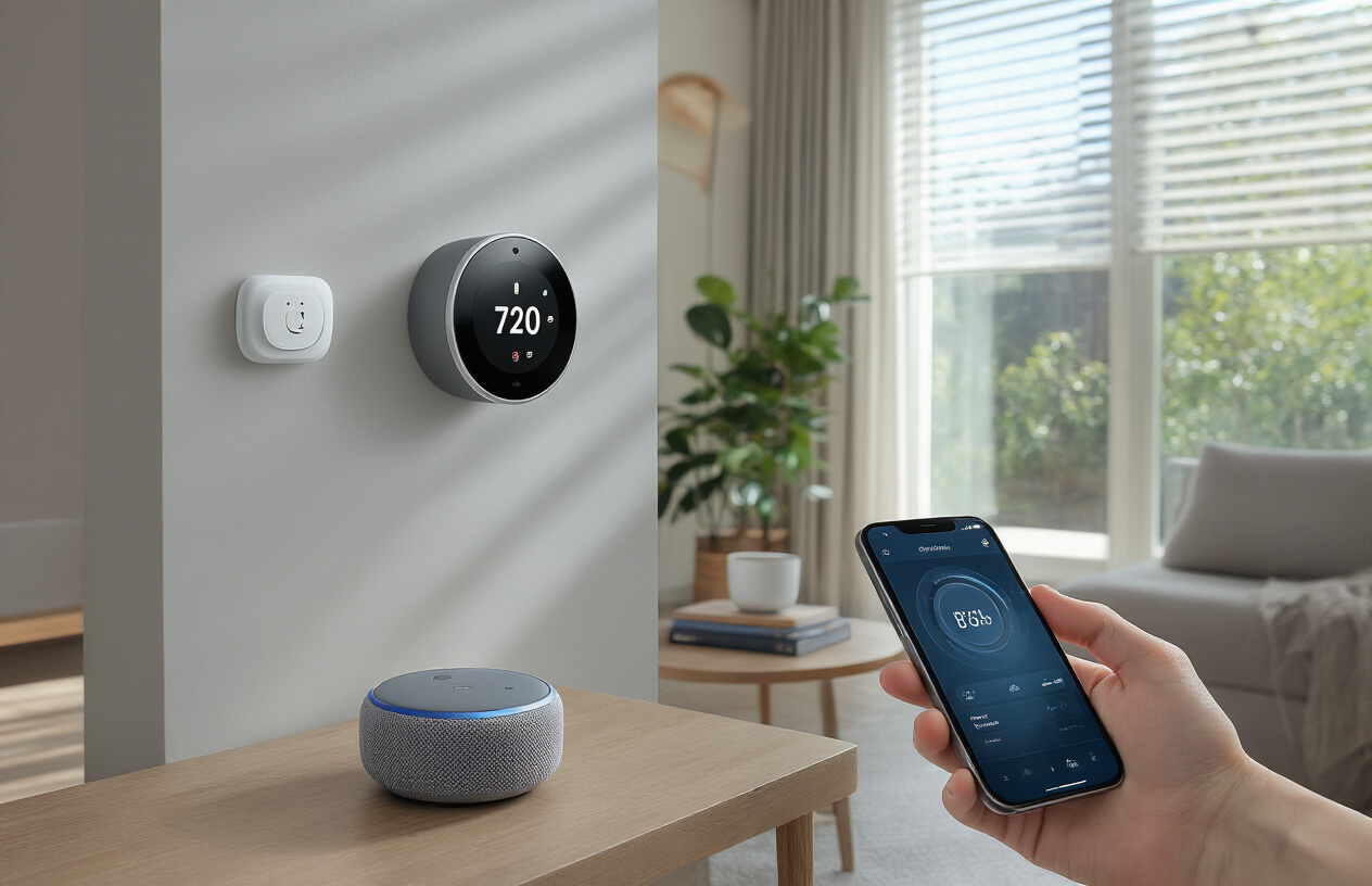 Create a realistic image of a modern living room showcasing various smart home devices including a smart thermostat on the wall, voice-activated smart speaker on a side table, automated window blinds, smart lighting fixtures, and a smartphone displaying a home automation app interface, all set in a clean contemporary interior with natural daylight streaming through large windows, creating a comfortable and technologically advanced atmosphere, absolutely NO text should be in the scene.