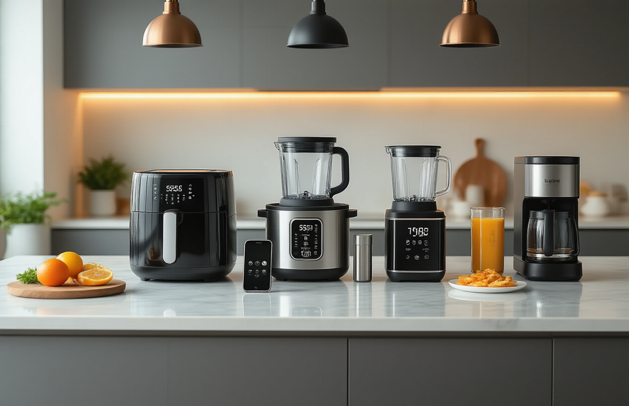 Create a realistic image of a modern kitchen countertop featuring an array of smart cooking gadgets including a digital air fryer, smart instant pot, high-tech blender with touchscreen display, precision scale, and smartphone-controlled coffee maker, all arranged on a clean marble counter with warm ambient lighting from pendant lights above, showcasing sleek stainless steel and black finishes that emphasize innovation and convenience in cooking technology, absolutely NO text should be in the scene.